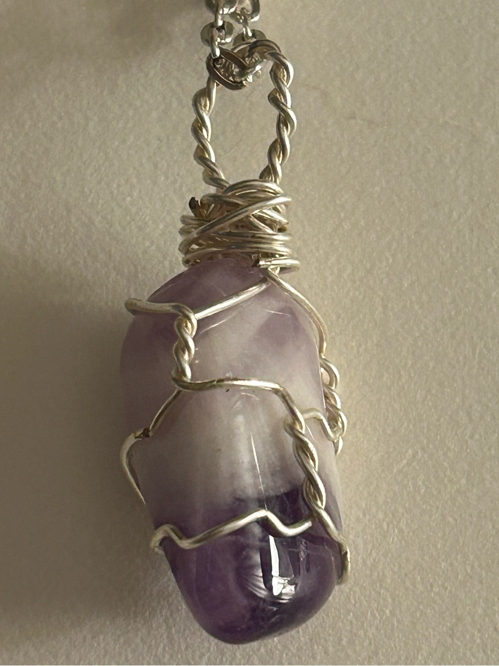 NWOT Necklace Amethyst Purple polished stone artisan wire-wrapped silvertone